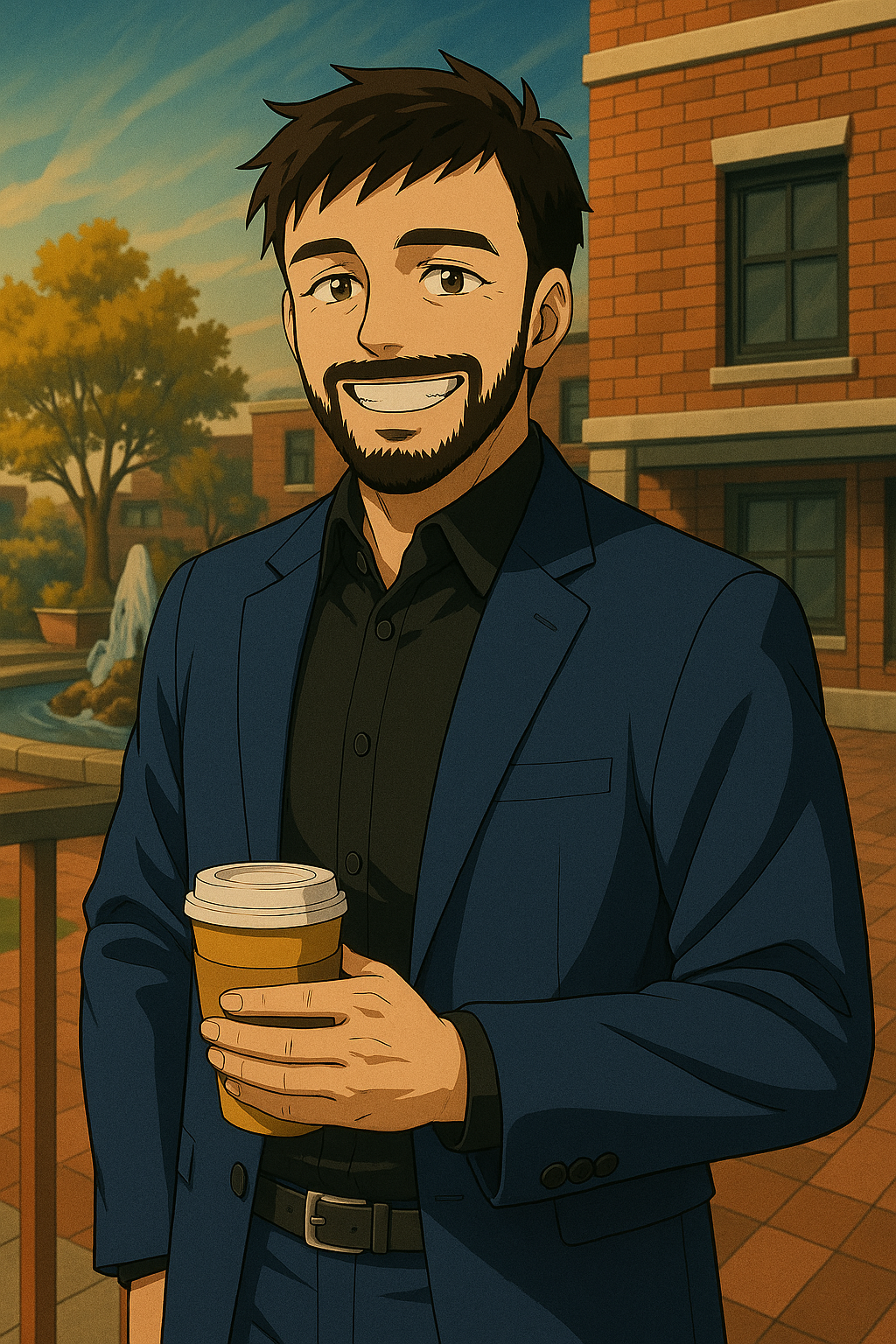 Patrick Machado smiling and holding a coffee in a blue blazer